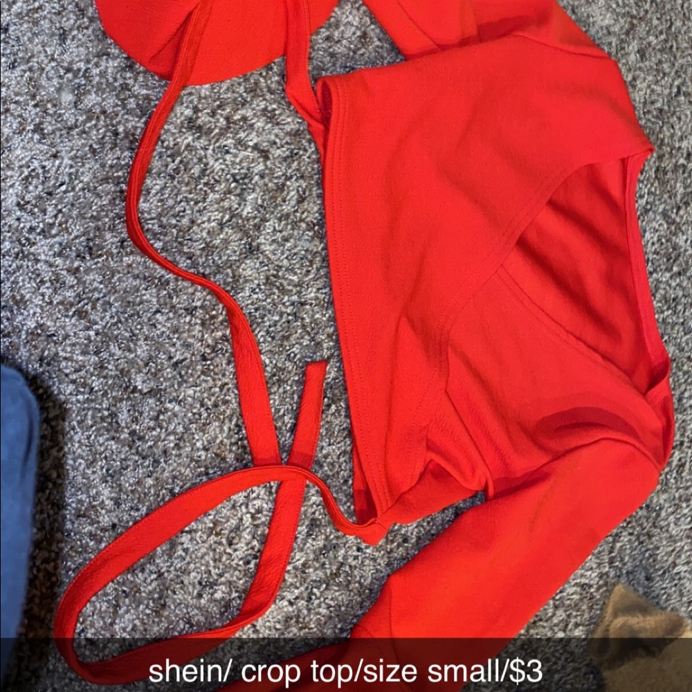 shein,red crop top dress shirt